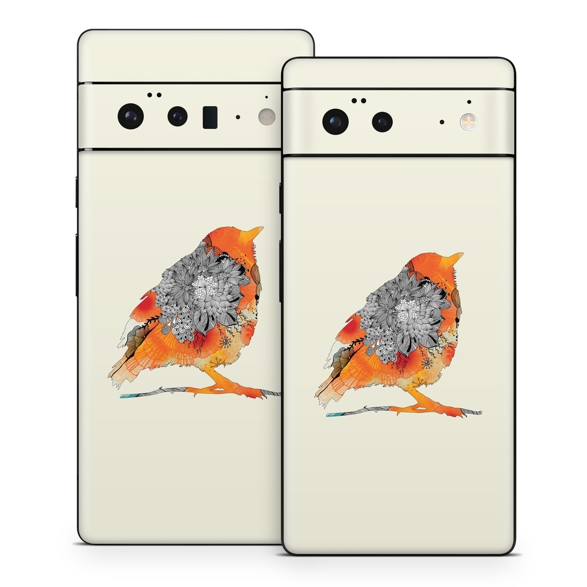 Google Pixel 6 Series Skin design of European robin, Orange, Bird, Illustration, Old World flycatcher, Drawing, Songbird, Perching bird, robin, Sketch, with gray, yellow, green, red, black colors