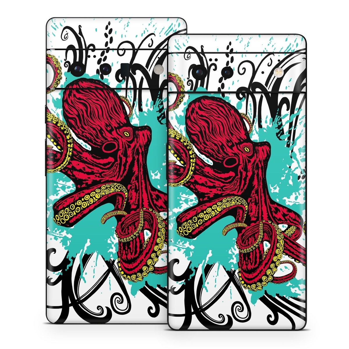 Google Pixel 6 Series Skin design of Graphic design, Illustration, Visual arts, Octopus, Design, Art, Fictional character, Pattern, Clip art, Line art, with black, white, gray, red, blue, green colors