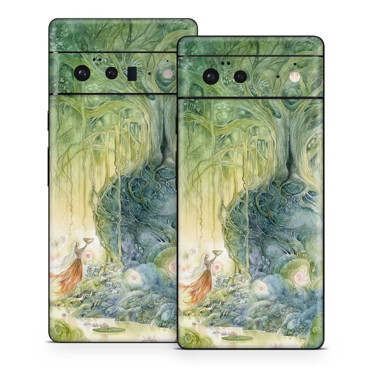 Google Pixel 6 Series Skin design of Green, Watercolor paint, Painting, Water, Art, Illustration, Grass, Tree, Plant, Fictional character, with blue, green, red, yellow colors