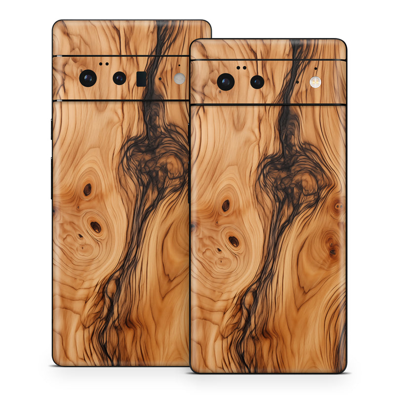 Google Pixel 6 Series Skin design of Brown, Wood, Trunk, Wood stain, Floor, Liquid, Art, Woody plant, Landscape, Flooring, with black, brown, orange colors