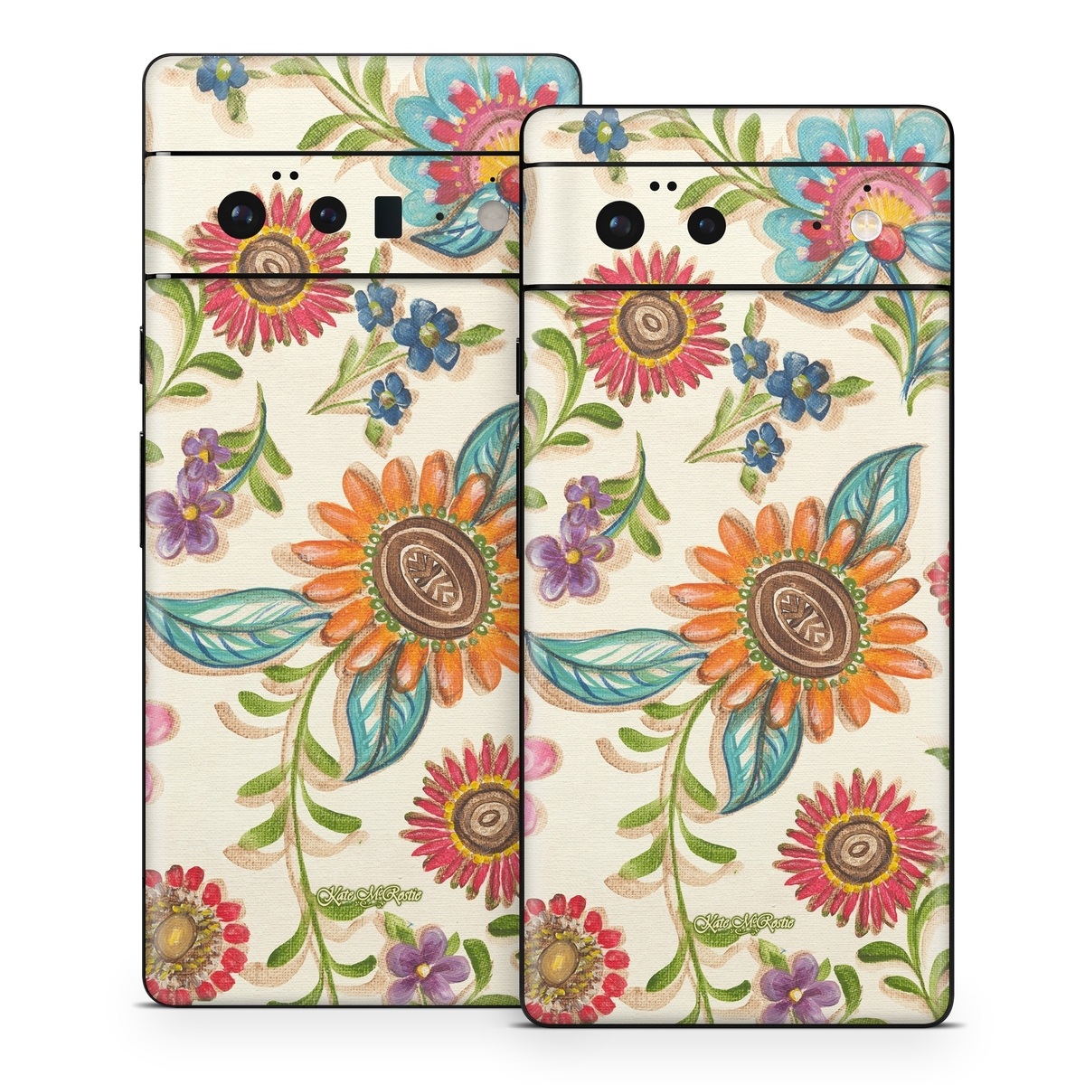 Google Pixel 6 Series Skin design of Pattern, Floral design, Flower, Botany, Design, Visual arts, Textile, Plant, Wildflower, Pedicel, with gray, green, pink, yellow, red, blue colors