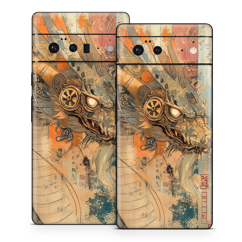Google Pixel 6 Series Skin design of Visual arts, Painting, Illustration, Fictional character, CG artwork, Modern art, Graphics, Graphic design, Mythical creature, Art Paint, with yellow, orange, black, gray, red colors