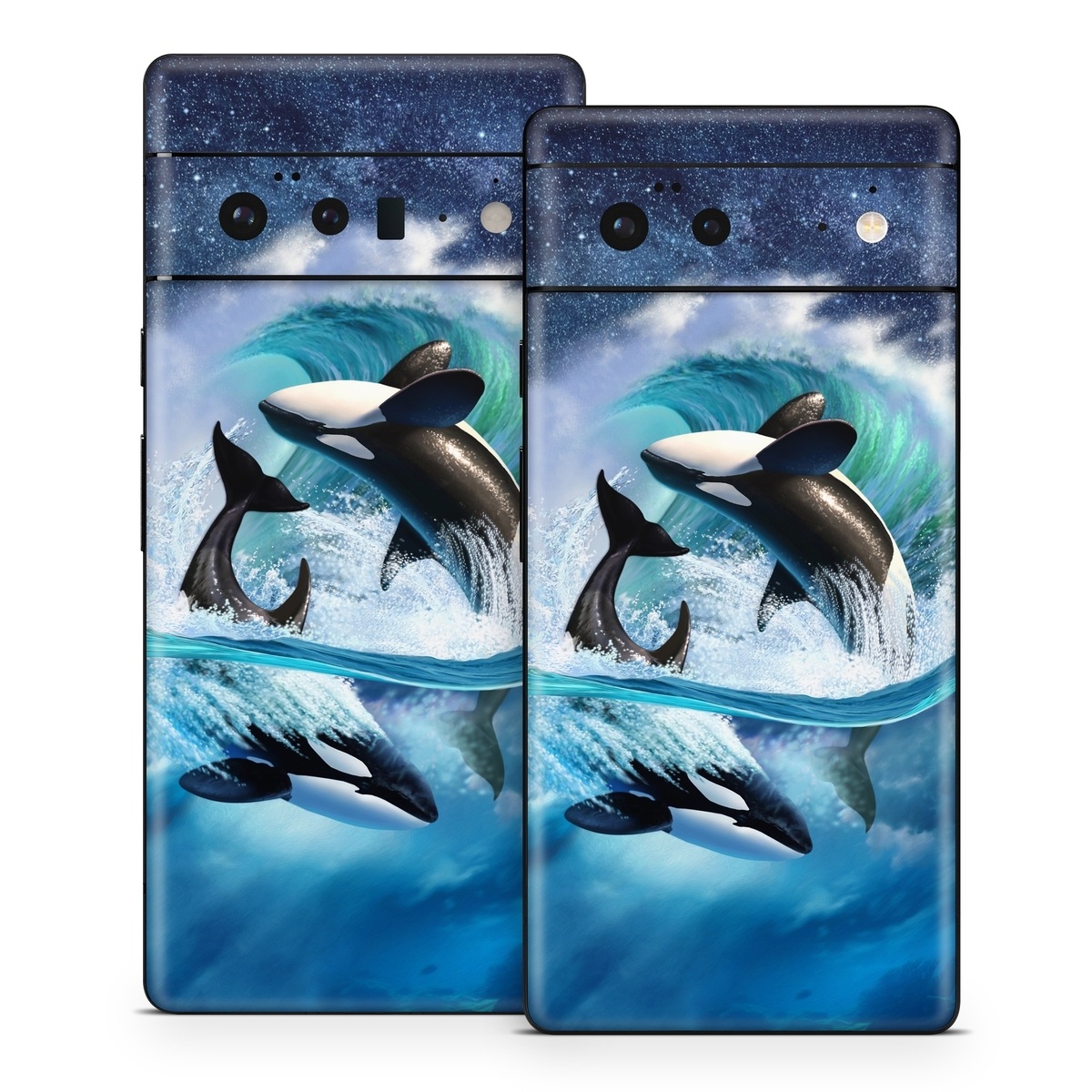 Google Pixel 6 Series Skin design of Dolphin, Short-beaked common dolphin, Sky, Cetacea, Killer whale, Marine mammal, Water, Illustration, Bottlenose dolphin, Common bottlenose dolphin, with black, blue, white, green colors