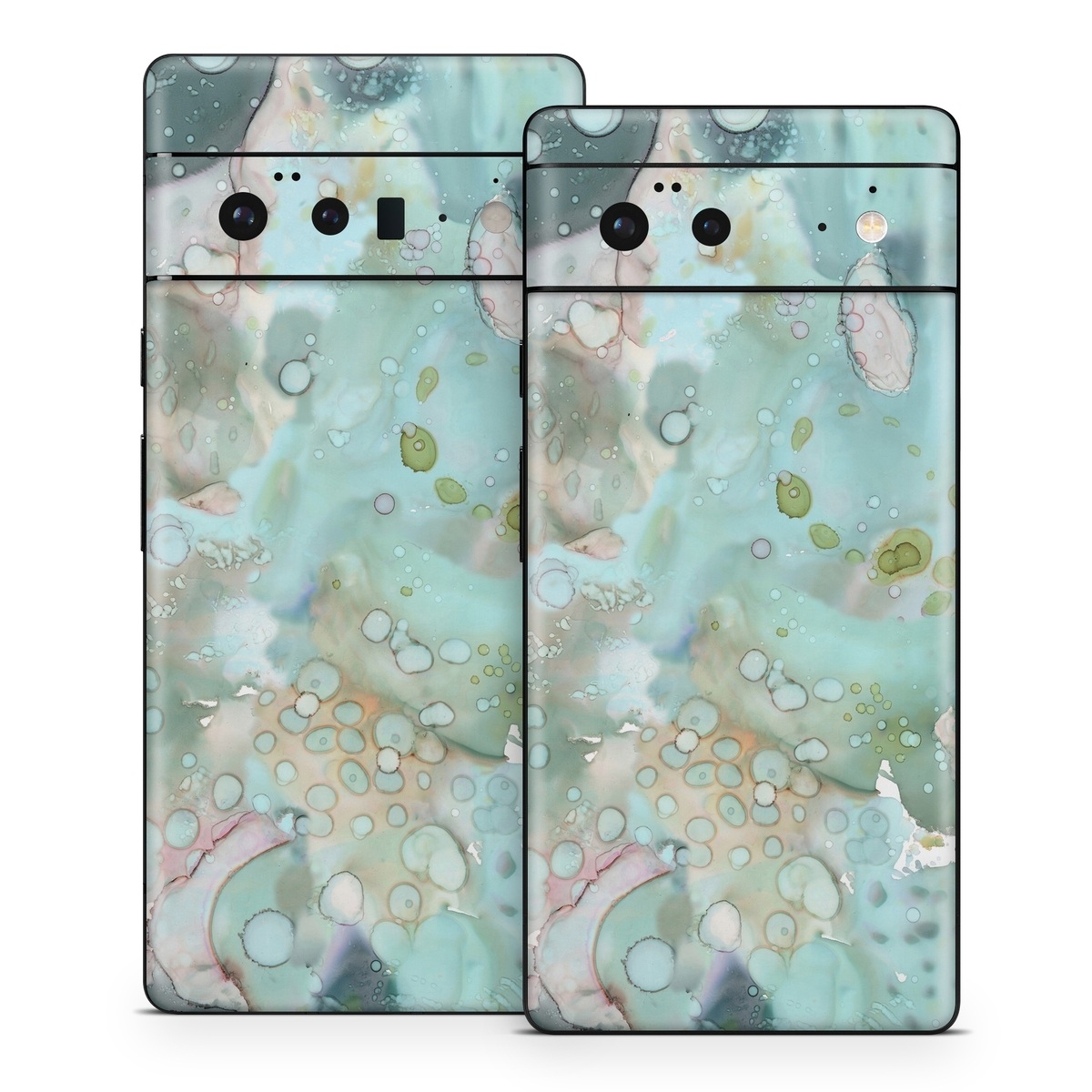 Google Pixel 6 Series Skin design of Aqua, Blue, Green, Watercolor paint, Pattern, Turquoise, Organism, Design, Art, Painting, with blue, green, pink colors