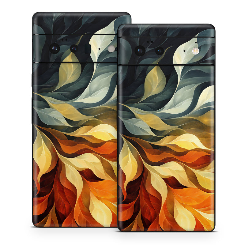 Google Pixel 6 Series Skin design of Yellow, Orange, Art, Brown, Visual arts, Modern art, Design, Graphics, Fractal art, Paint, with red, orange, yellow, white, black, gray colors