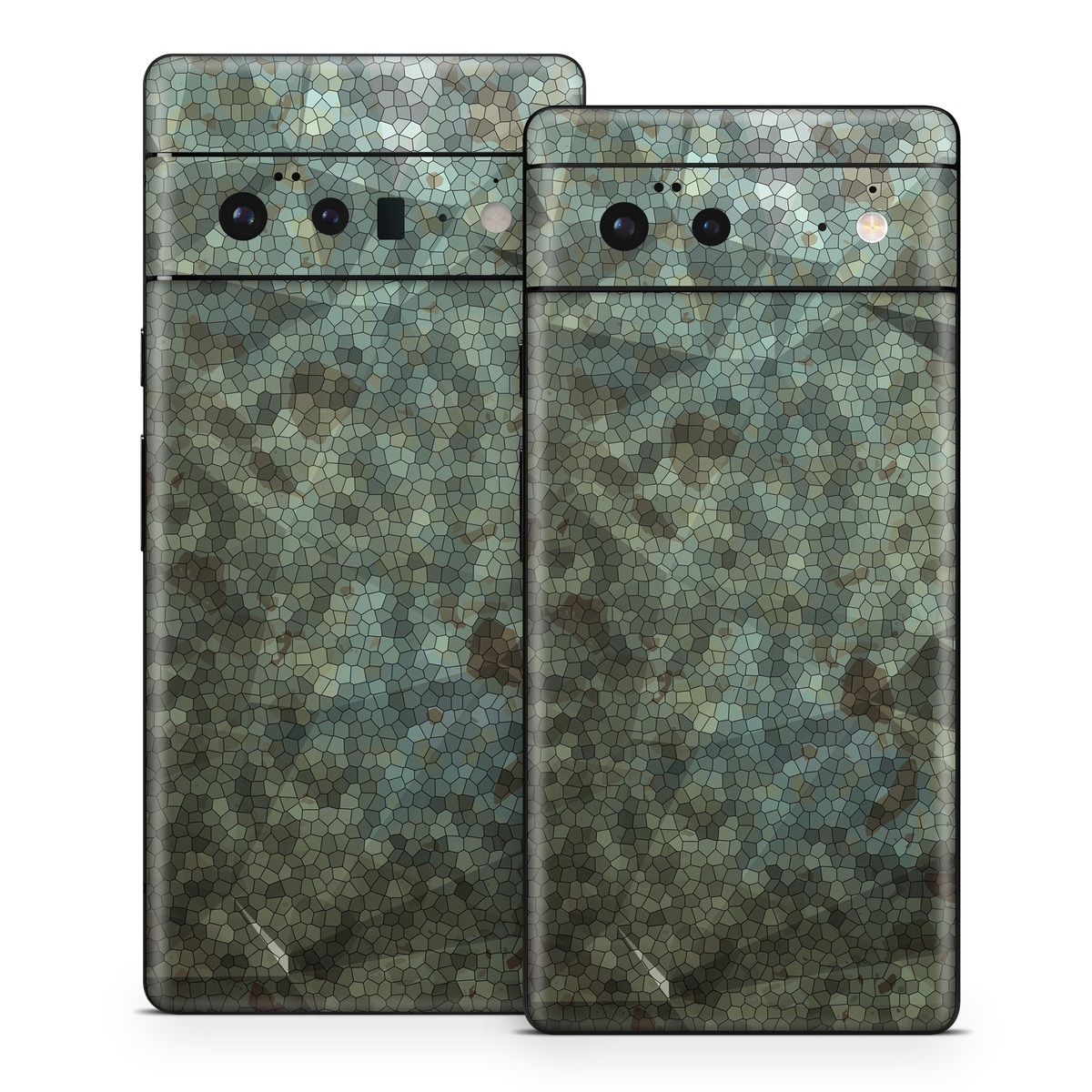 Google Pixel 6 Series Skin design of Green, Pattern, Brown, Wall, Design, Rock, Geology, Camouflage, Granite, Metal, with black, brown, blue, gray, white colors