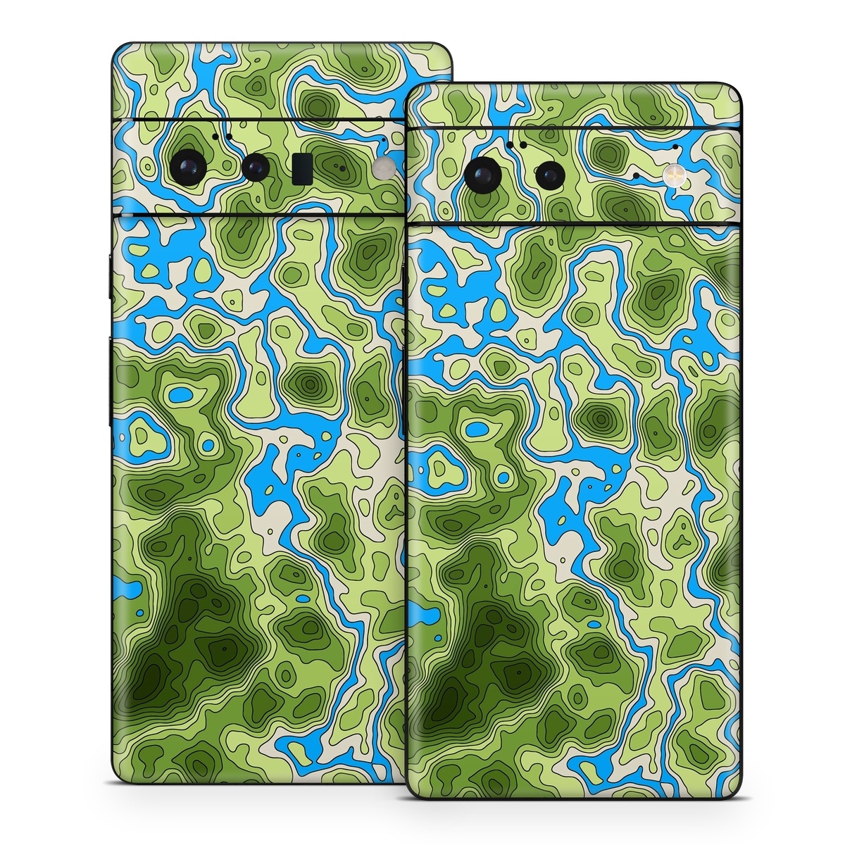 Google Pixel 6 Series Skin design of Botany, Azure, Organism, Vegetation, Aqua, Terrestrial plant, Symmetry, Electric blue, Pattern, Art, with green, blue colors