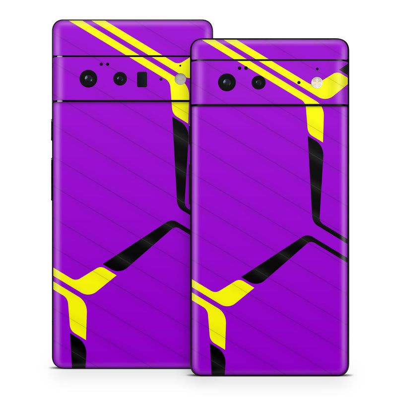 Google Pixel 6 Series Skin design of Colorfulness, Purple, Violet, Line, Magenta, Parallel, Symmetry, Pattern, Electric blue, Font, with purple, yellow, black colors