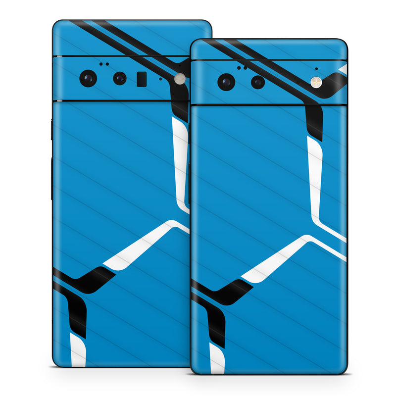 Google Pixel 6 Series Skin design of Azure, Triangle, Parallel, Font, Electric blue, Pattern, Symmetry, Table, Symbol, Logo, with blue, black, white colors