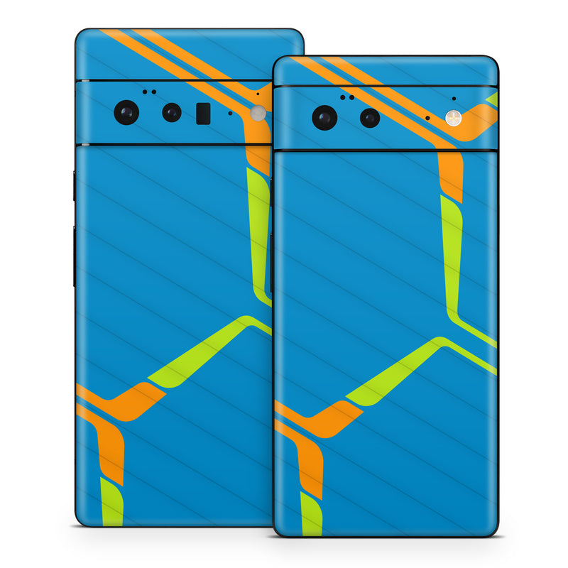 Google Pixel 6 Series Skin design of Azure, Triangle, Rectangle, Parallel, Electric blue, Symmetry, Font, Pattern, Circle, Sky, with blue, orange, green colors