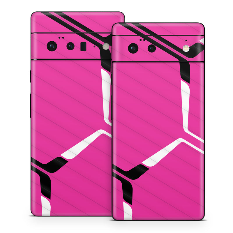Google Pixel 6 Series Skin design of Textile, Sleeve, Jersey, Purple, Pink, Violet, Font, Magenta, Material property, Electric blue, with pink, black, white colors