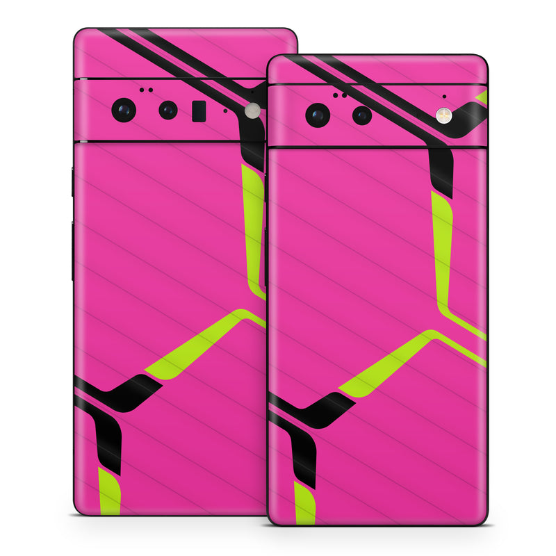 Google Pixel 6 Series Skin design of Purple, Textile, Sleeve, Jersey, Violet, Triangle, Font, Magenta, Collar, Parallel, with pink, black, yellow colors