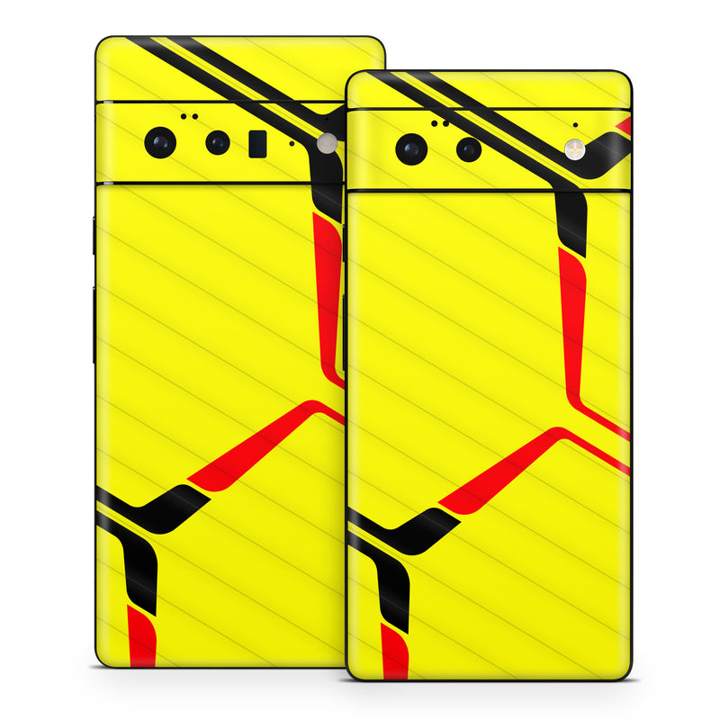 Google Pixel 6 Series Skin design of Rectangle, Yellow, Parallel, Font, Tints and shades, Wood, Triangle, Pattern, Graphics, Symmetry, with yellow, black, red colors