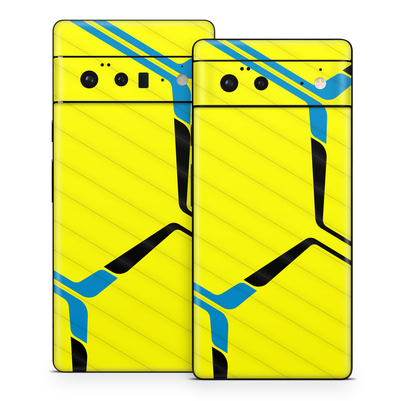 Google Pixel 6 Series Skin design of Azure, Triangle, Font, Parallel, Symmetry, Pattern, Electric blue, Symbol, Rectangle, Design, with yellow, blue colors