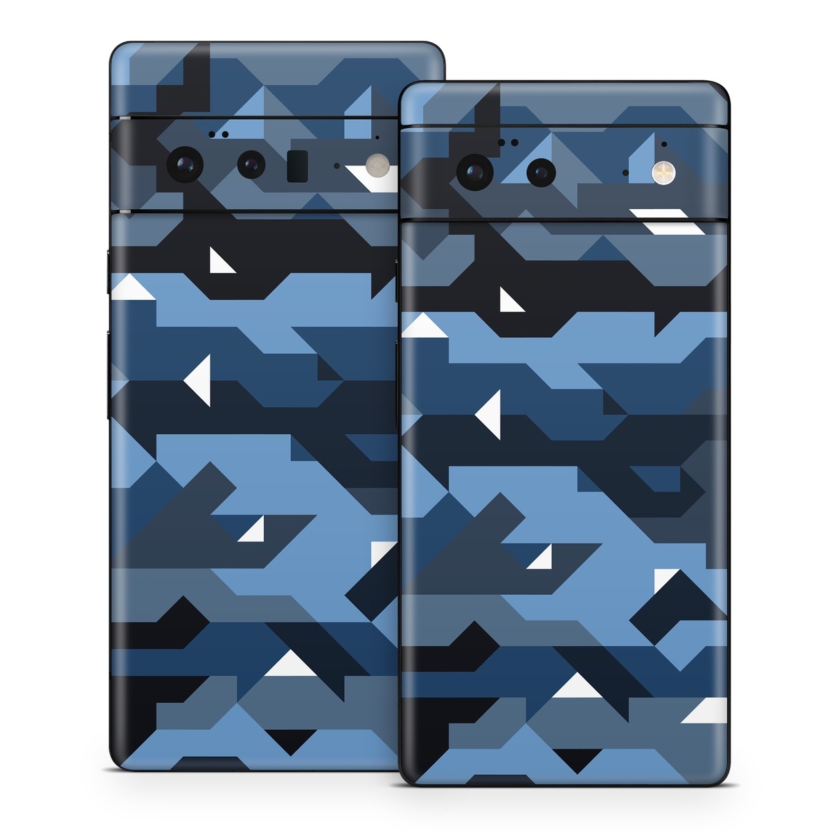Google Pixel 6 Series Skin design of Blue, Pattern, Design, Font, Line, Camouflage, Illustration, Triangle, with blue, black, white, gray colors
