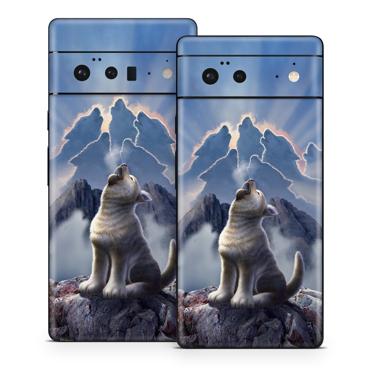 Google Pixel 6 Series Skin design of Sky, Cloud, Atmosphere, Rock, Wolf, Photography, Cg artwork, Illustration, Mountain, Mythology, with white, blue, gray, brown colors