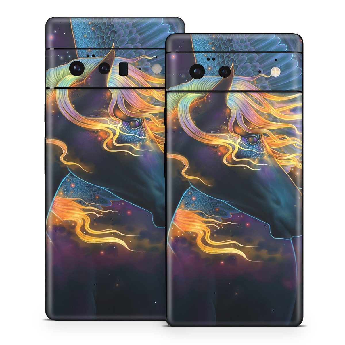 Google Pixel 6 Series Skin design of Organism, Astronomical object, Art, Electric blue, Space, Darkness, Liquid, Science, Graphics, Visual arts, with black, blue, yellow, white, orange, purple, red colors