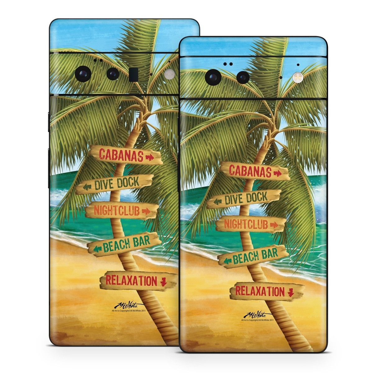 Google Pixel 6 Series Skin design of Palm tree, Arecales, Tropics, Tree, Caribbean, Wave, Water, Coconut, Ocean, Elaeis, with green, purple, gray, black, blue colors