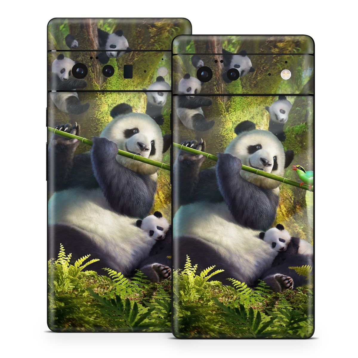 Google Pixel 6 Series Skin design of Plant, Organism, Grass, Adaptation, Terrestrial animal, Painting, People in nature, Art, Beak, Panda, with white, black, brown, green, gray, yellow colors
