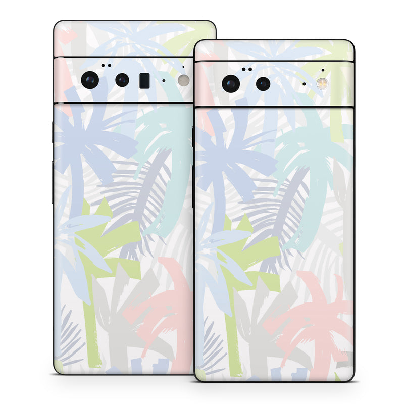 Google Pixel 6 Series Skin design of Palm trees, with bllue, green, pink, yellow, white, gray colors