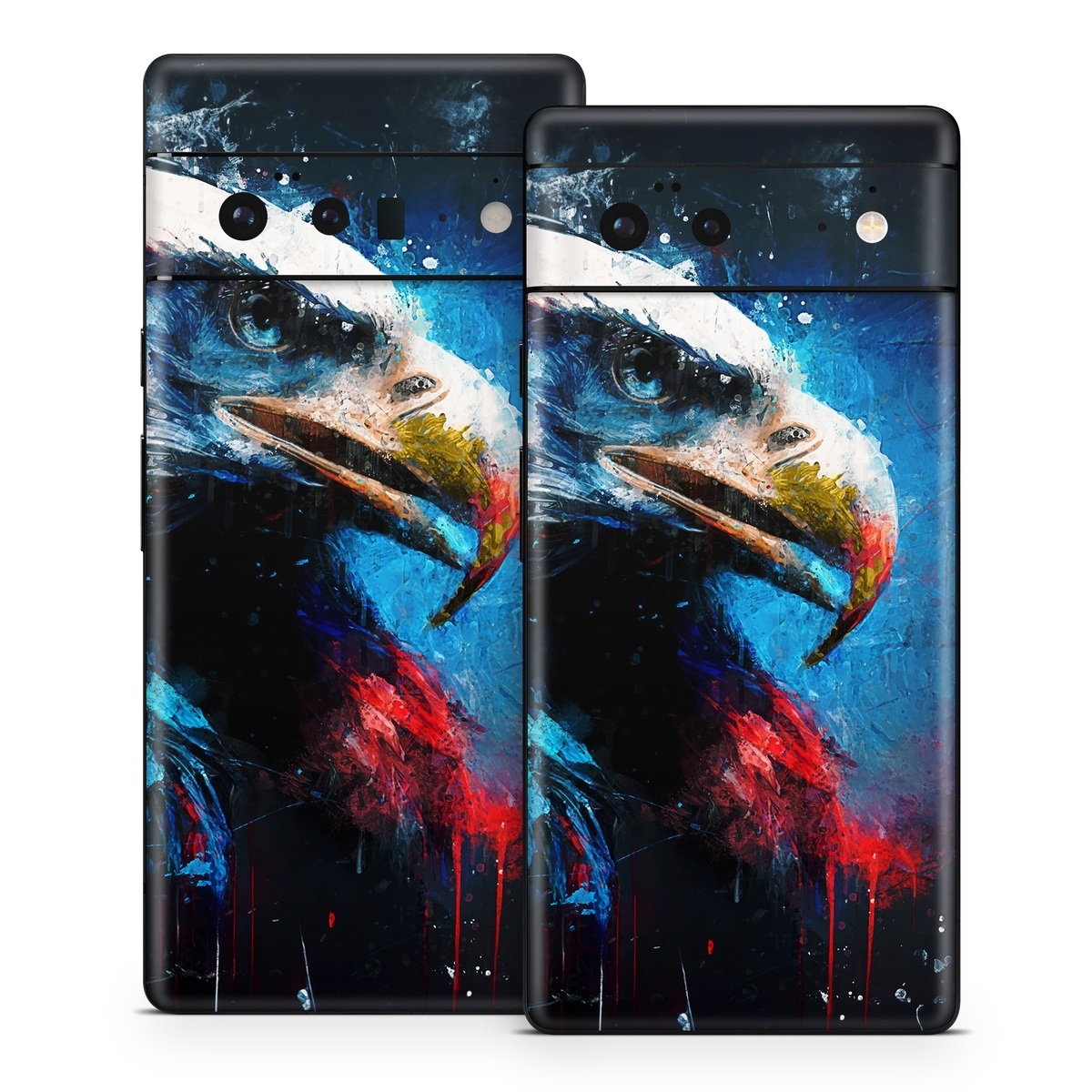 Google Pixel 6 Series Skin design of Bird, Beak, Organism, Art, Feather, Paint, Painting, Accipitridae, Bird of prey, Electric blue, with blue, red, white, black, gray, yellow colors