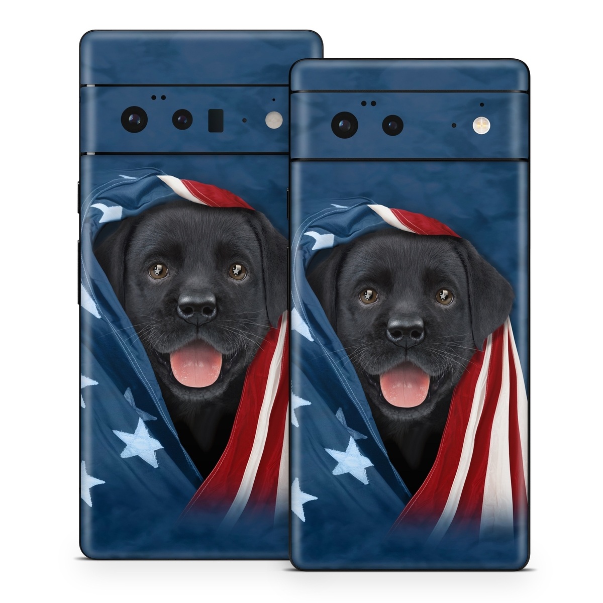 Google Pixel 6 Series Skin design of Canidae, Dog, Dog breed, Flag, Snout, Carnivore, Sporting Group, Labrador retriever, Flag of the united states, Puppy, with black, gray, white, blue, red colors