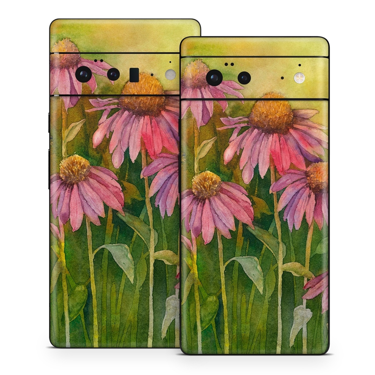 Google Pixel 6 Series Skin design of Flowering plant, Purple coneflower, Coneflower, Flower, Plant, Watercolor paint, Wildflower, black-eyed susan, Petal, Daisy family, with black, green, red, gray, purple colors