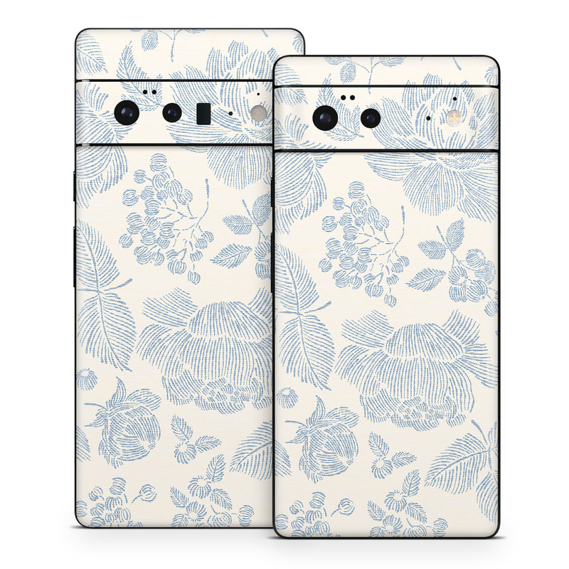 Google Pixel 6 Series Skin design of White, Botany, Leaf, Textile, Branch, Organism, Art, Aqua, Line, Rectangle, with white, blue colors