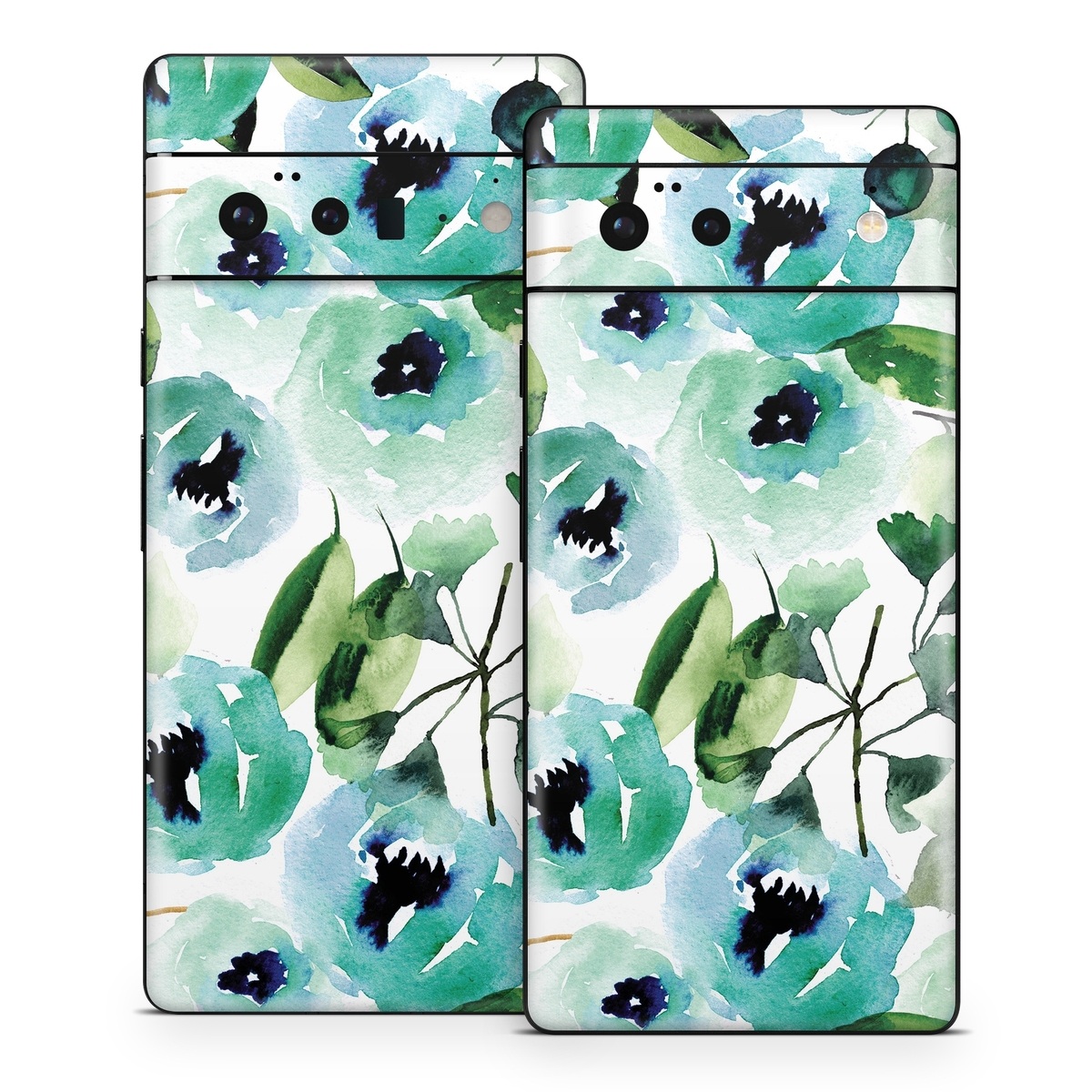 Google Pixel 6 Series Skin design of Green, Pattern, Leaf, Aqua, Plant, Design, Branch, Organism, Flower, Ivy, with white, green, blue, black colors