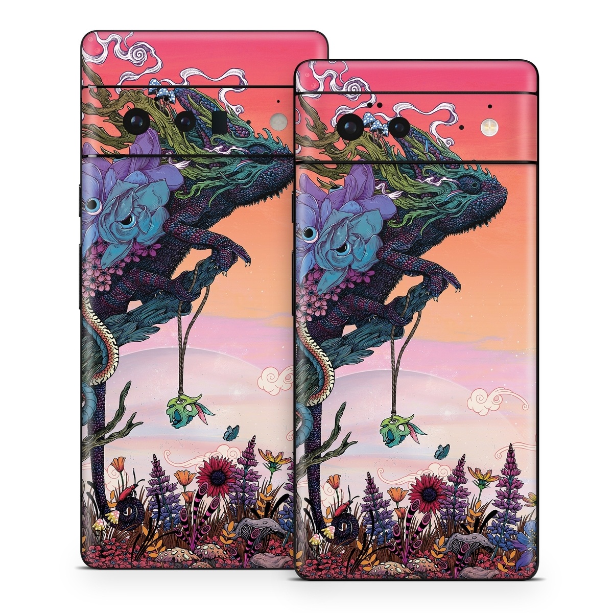 Google Pixel 6 Series Skin design of Illustration, Fictional character, Fiction, Art, Organism, Plant, Tree, Graphic design, Cg artwork, with red, orange, green, purple, white, blue, brown colors