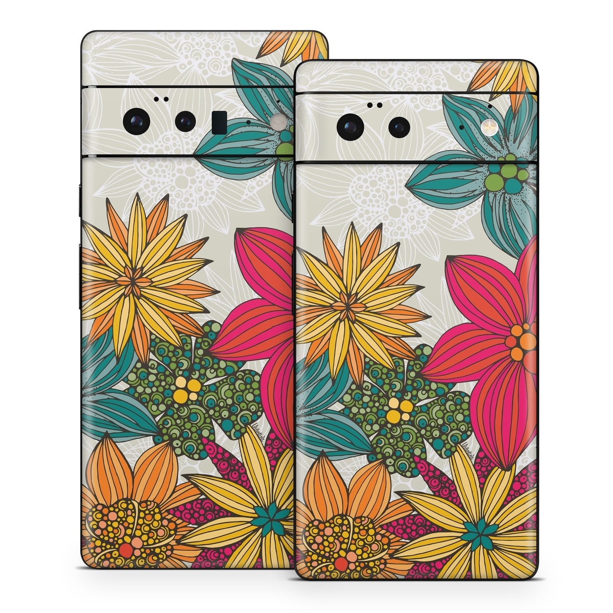 Google Pixel 6 Series Skin design of Floral design, Pattern, Flower, Wildflower, Plant, Botany, Leaf, Design, Textile, Visual arts, with blue, yellow, red, green, orange, gray colors