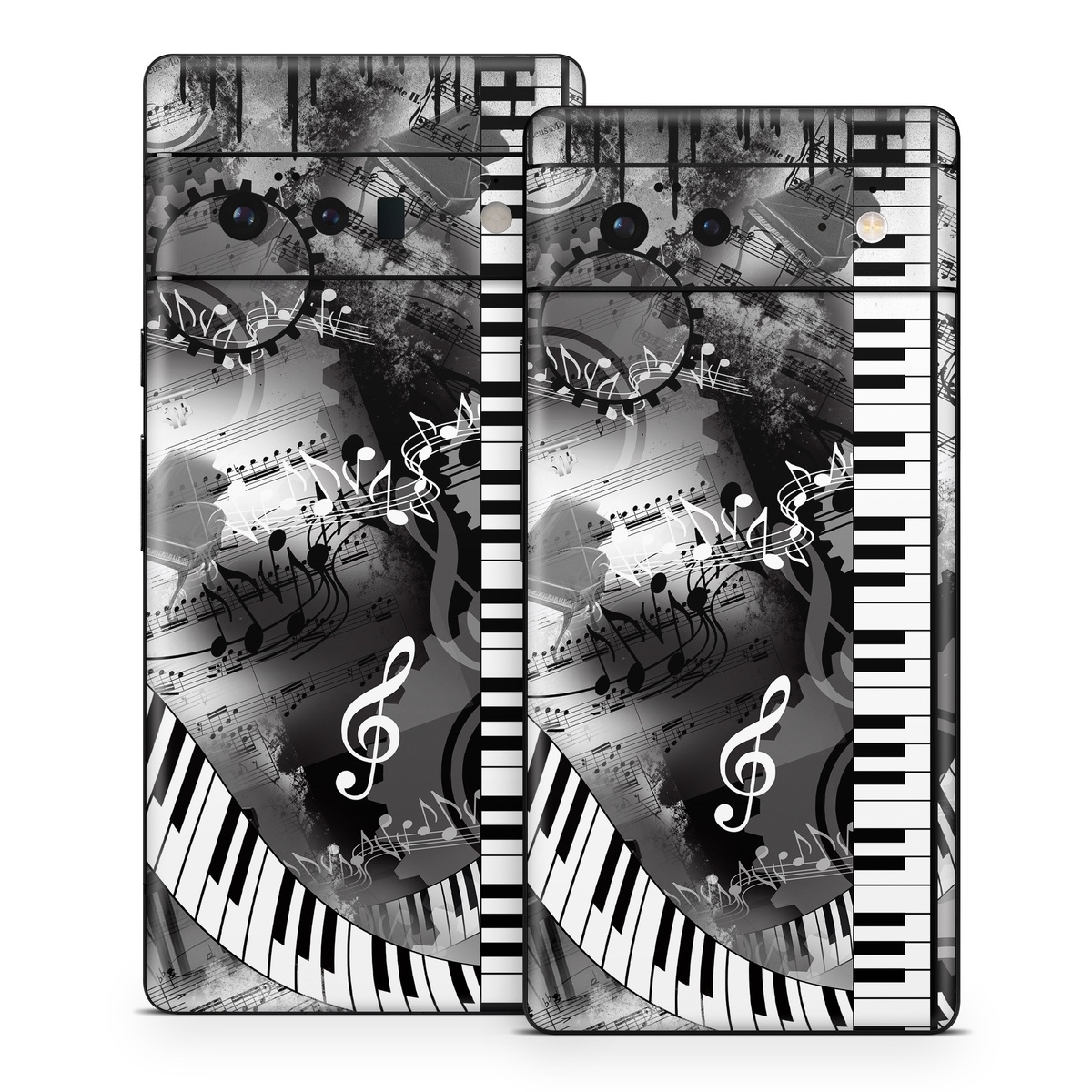 Google Pixel 6 Series Skin design of Music, Monochrome, Black-and-white, Illustration, Graphic design, Musical instrument, Technology, Musical keyboard, Piano, Electronic instrument, with black, gray, white colors