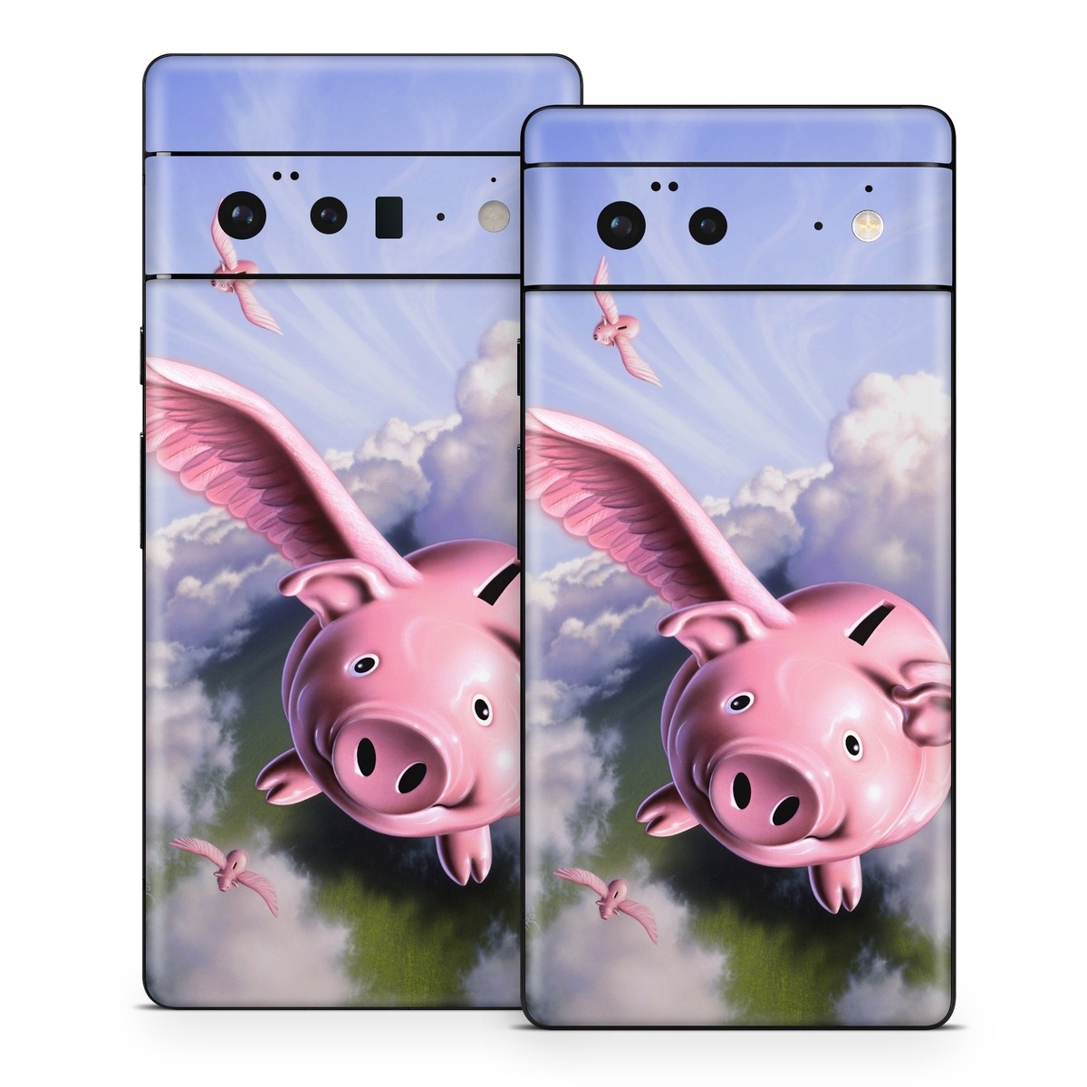 Google Pixel 6 Series Skin design of Cloud, Sky, Happy, Pink, Bird, Art, Wing, Snout, Wind, Fictional character, with pink, white, blue, gray, green colors
