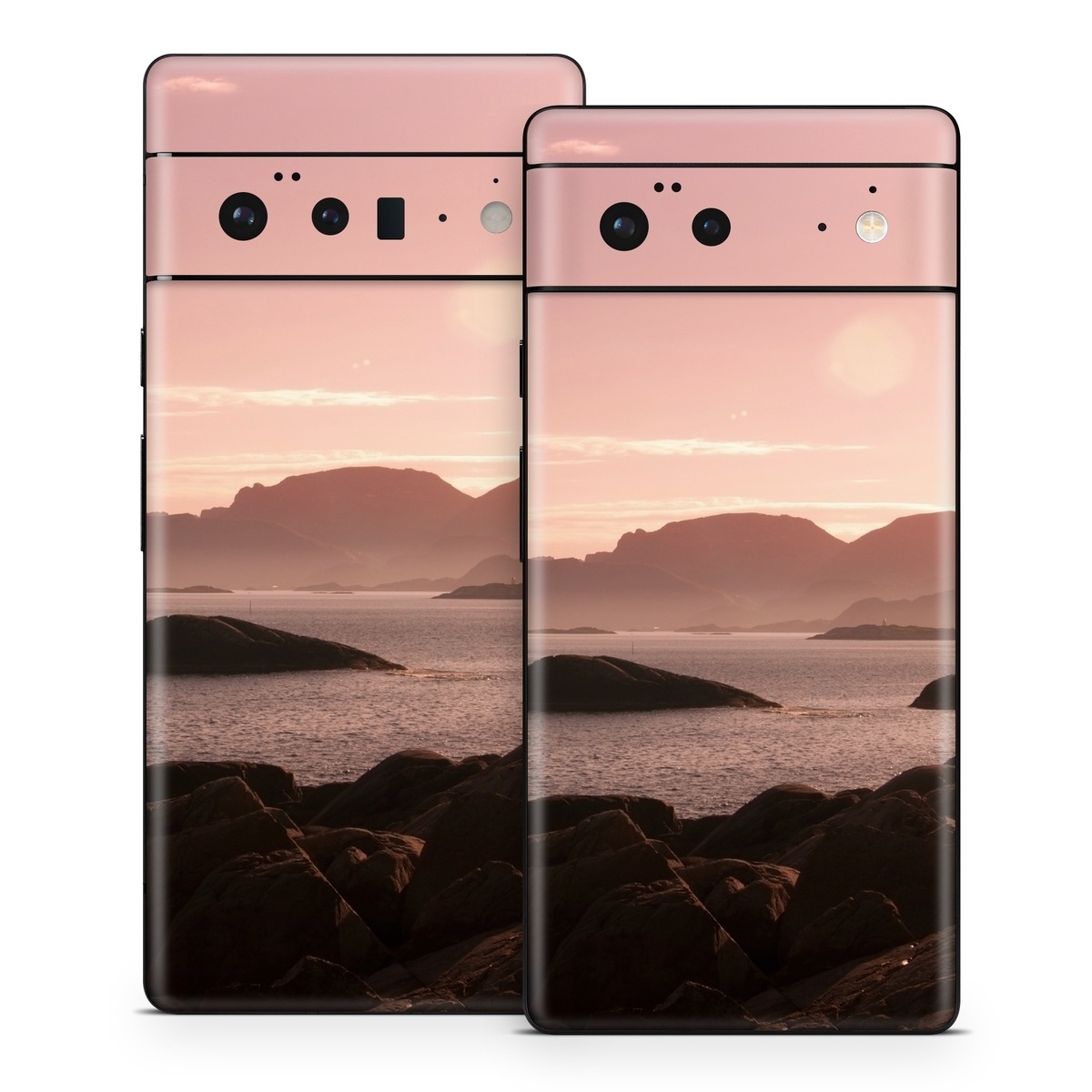 Google Pixel 6 Series Skin design of Sky, Nature, Sea, Atmospheric phenomenon, Horizon, Natural landscape, Coast, Cloud, Morning, Calm, with gray, black, red, pink, green colors