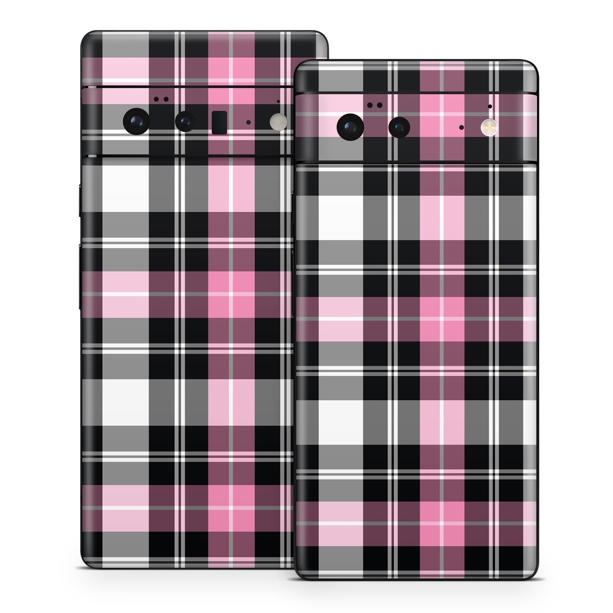Google Pixel 6 Series Skin design of Plaid, Tartan, Pattern, Pink, Purple, Violet, Line, Textile, Magenta, Design, with black, gray, pink, red, white, purple colors