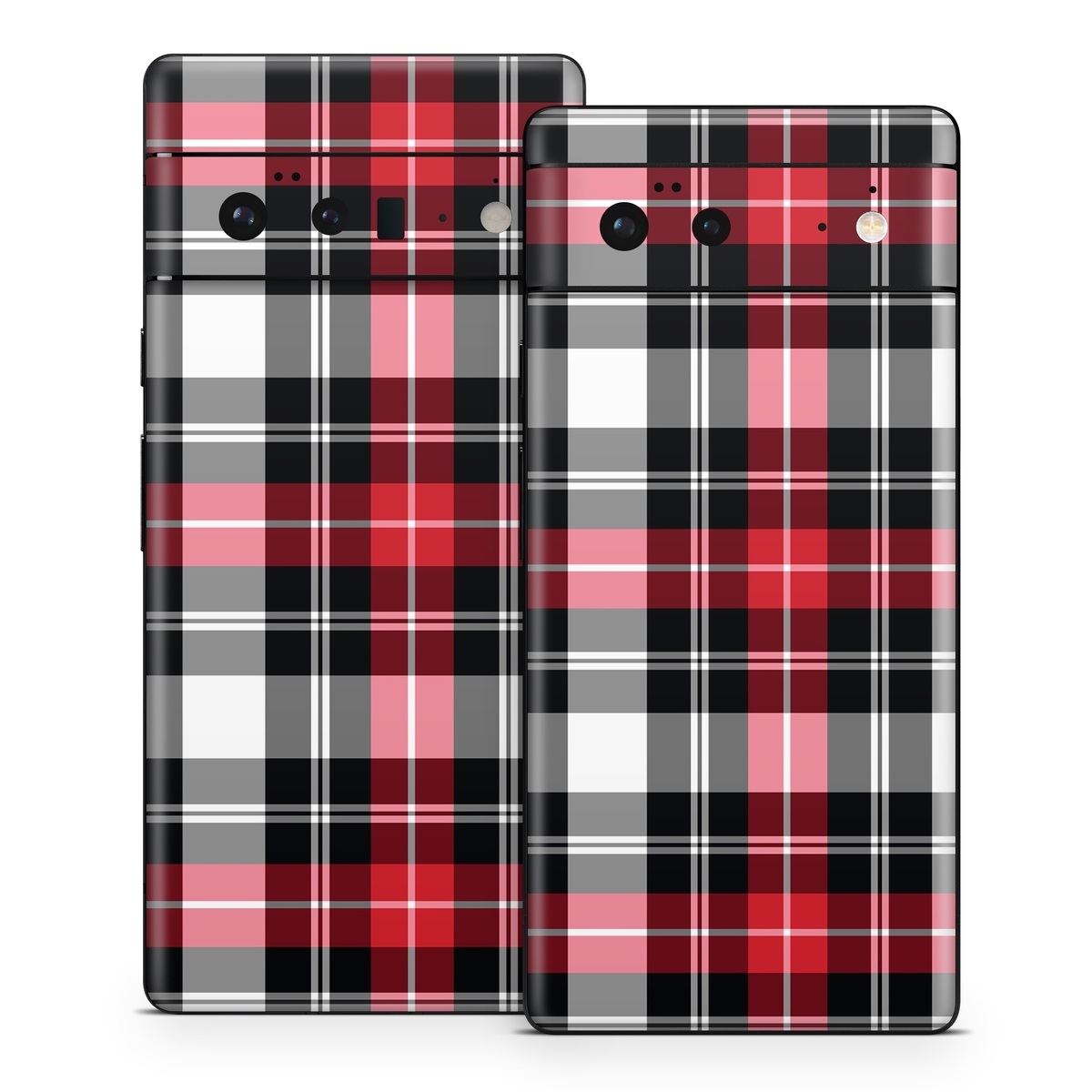 Google Pixel 6 Series Skin design of Plaid, Tartan, Pattern, Red, Textile, Design, Line, Pink, Magenta, Square, with black, gray, pink, red, white colors