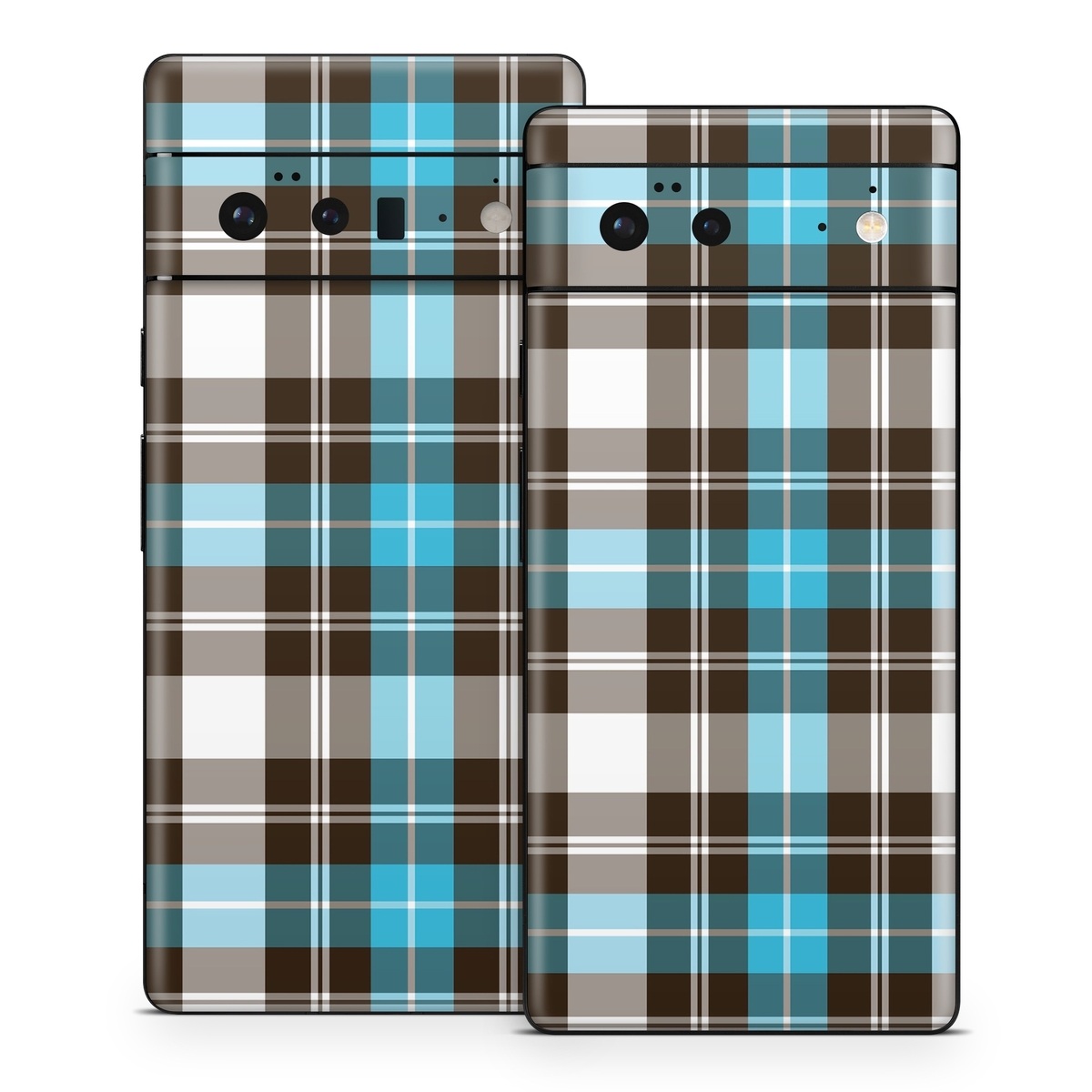 Google Pixel 6 Series Skin design of Plaid, Pattern, Tartan, Turquoise, Textile, Design, Brown, Line, Tints and shades, with gray, black, blue, white colors