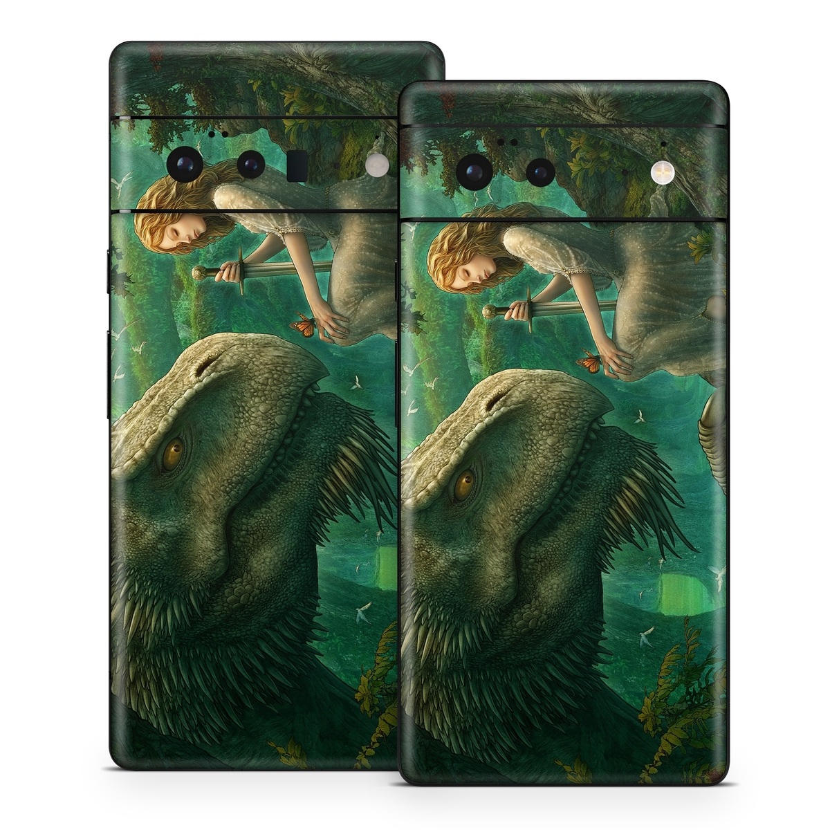 Google Pixel 6 Series Skin design of Dinosaur, Cg artwork, Mythology, Fictional character, Troodon, Extinction, Velociraptor, Illustration, Animated cartoon, Tyrannosaurus, with black, green, gray, red colors
