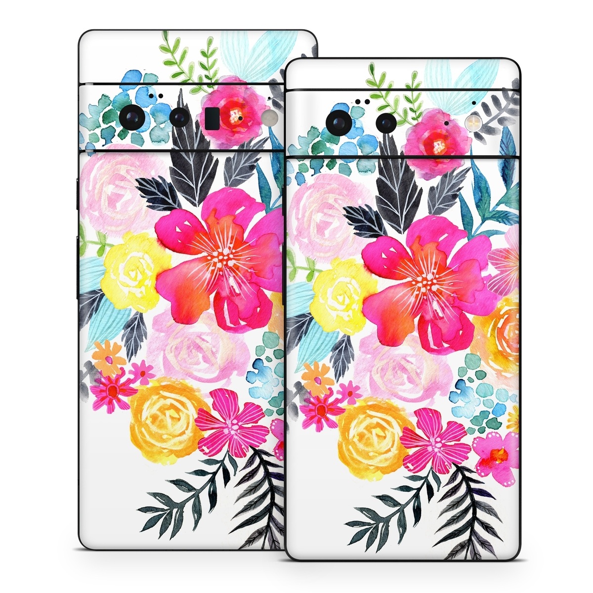 Google Pixel 6 Series Skin design of Flower, Clip art, Bouquet, Plant, Illustration, Floral design, Pink, Petal, Botany, Design, with white, pink, orange, red, yellow, blue, black, green colors
