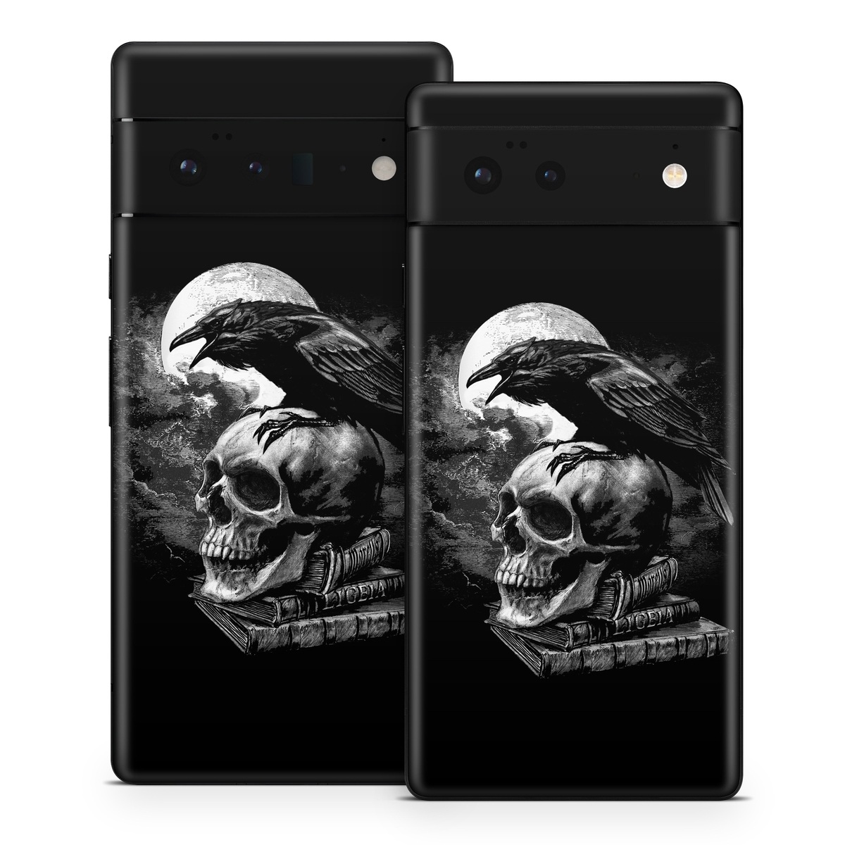 Google Pixel 6 Series Skin design of Bone, Skull, Bird, Darkness, Monochrome, Wing, Black-and-white, Illustration, Beak, Fictional Character, Drawing, Symbol, with black, white, gray colors
