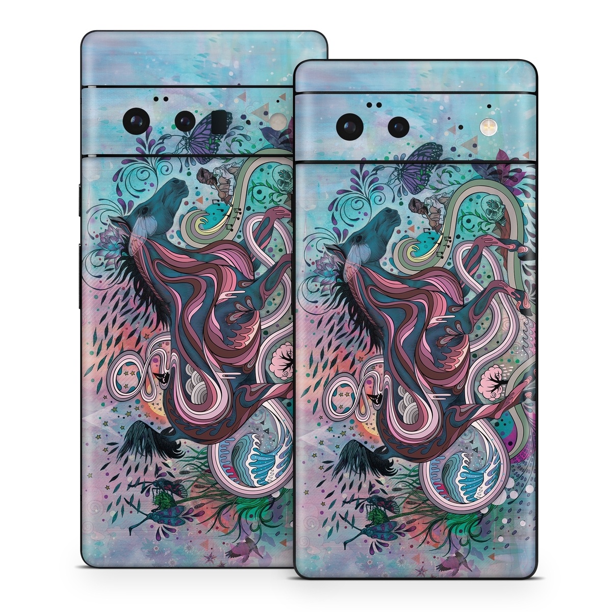 Google Pixel 6 Series Skin design of Illustration, Art, Visual arts, Graphic design, Fictional character, Psychedelic art, Pattern, Drawing, Painting, Mythology, with gray, black, blue, red, purple colors
