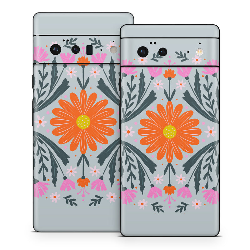 Google Pixel 6 Series Skin design of Petal, Gesture, Font, Flower, Pattern, Art, Creative arts, Floral design, Illustration, Flowering plant, with pink, orange, green, white colors