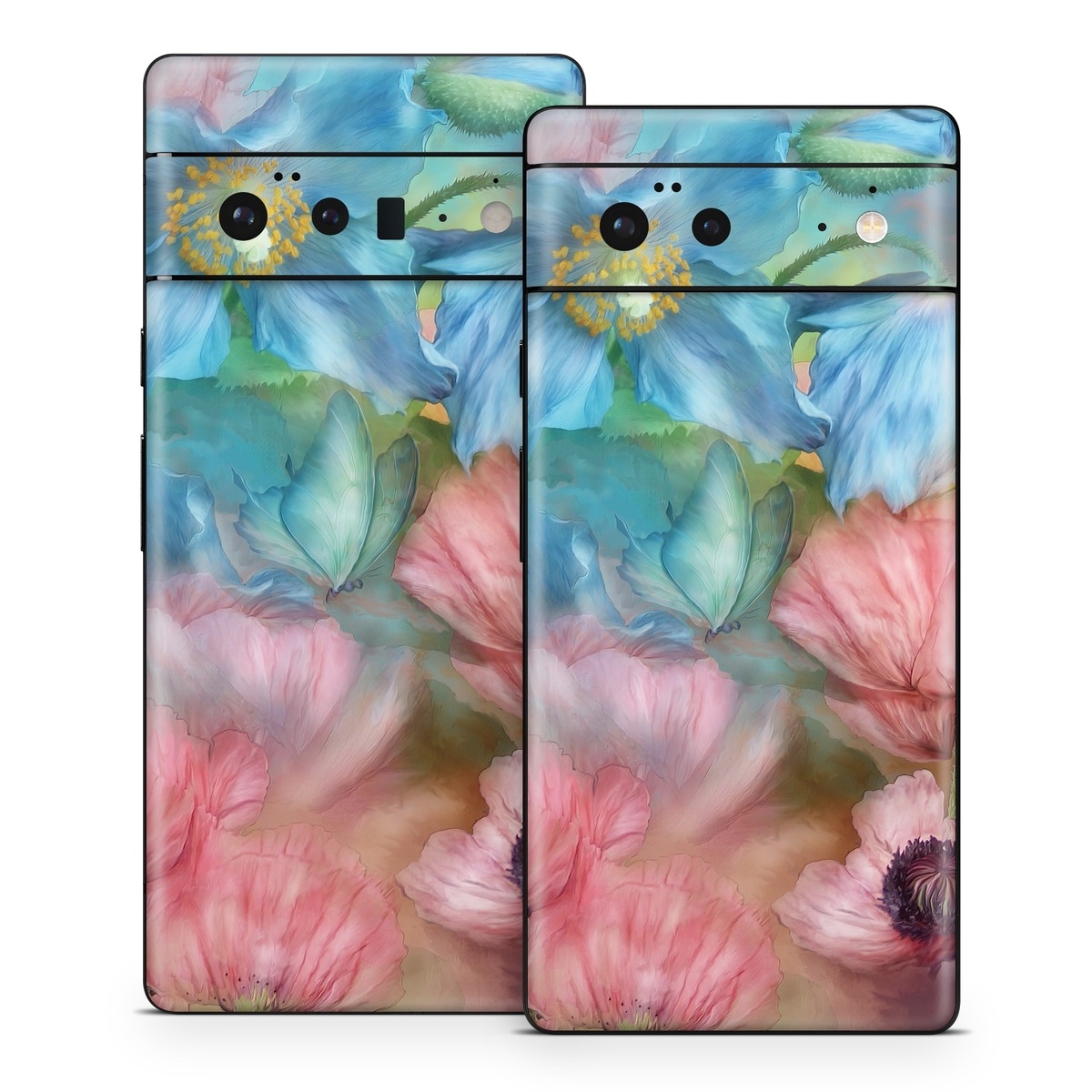 Google Pixel 6 Series Skin design of Flower, Petal, Watercolor paint, Painting, Plant, Flowering plant, Pink, Botany, Wildflower, Still life, with gray, blue, black, red, green colors