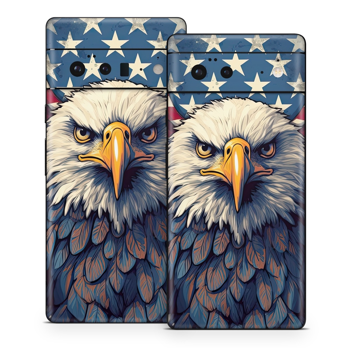 Google Pixel 6 Series Skin design of Bird, Accipitridae, Beak, Sea eagle, Falconiformes, Feather, Eagle, Painting, Art, Bald eagle, with red, blue, white, brown, yellow, gray, orange colors