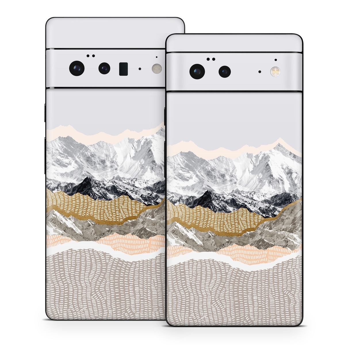 Google Pixel 6 Series Skin design of White, Mountainous landforms, Mountain, Mountain range, Glacial landform, Geological phenomenon, Sky, Ridge, Geology, Glacier, with white, yellow, brown, gray, black colors