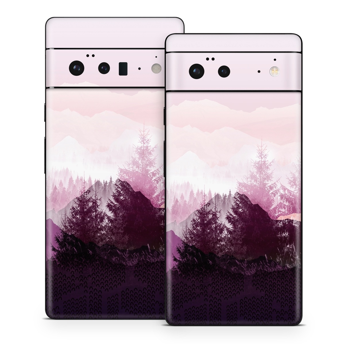 Google Pixel 6 Series Skin design of Sky, Purple, Atmospheric phenomenon, Pink, Natural landscape, Violet, Mountain, Tree, Morning, Mountain range, with white, purple, black, pink colors