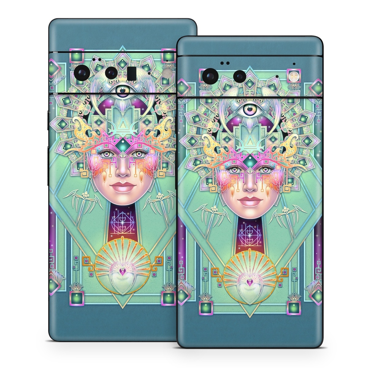 Google Pixel 6 Series Skin design of Head, Eye, Eyelash, Font, Art, Magenta, Rectangle, Painting, Illustration, Pattern, with blue, green, yellow, red, purple, white colors