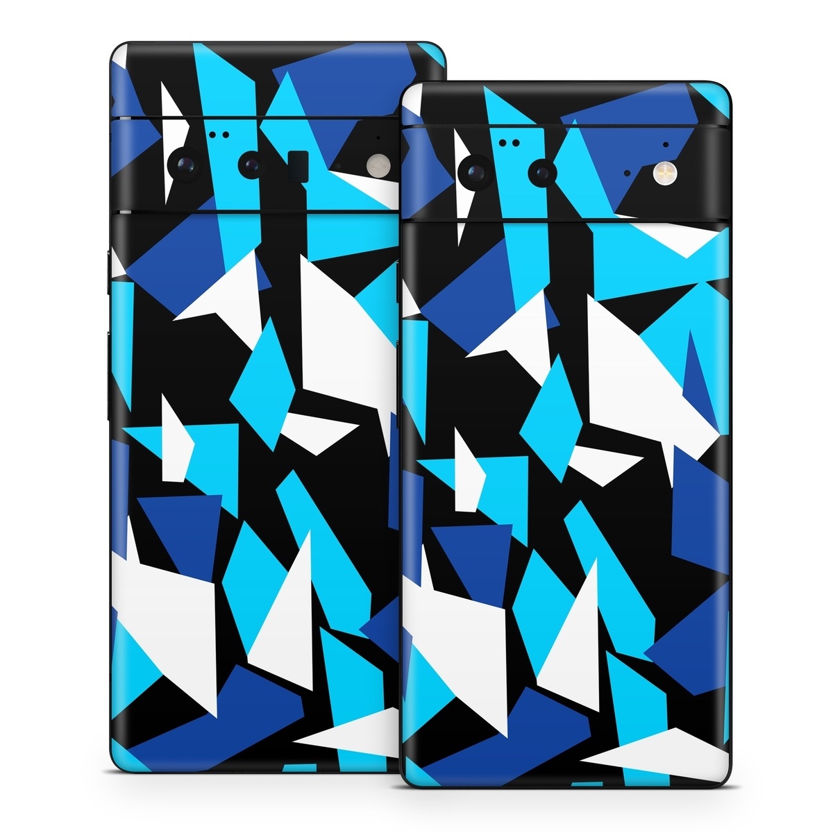 Google Pixel 6 Series Skin design of Blue, Pattern, Turquoise, Cobalt blue, Teal, Design, Electric blue, Graphic design, Triangle, Font, with blue, white, black colors