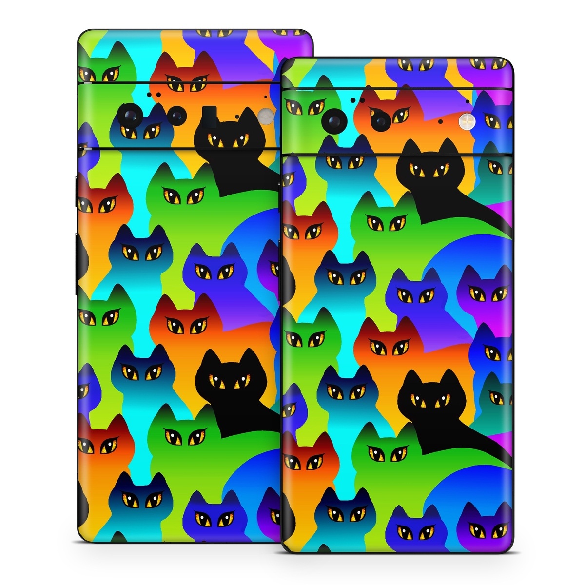 Google Pixel 6 Series Skin design of Black cat, Purple, Cat, Small to medium-sized cats, Pattern, Design, Felidae, Illustration, Art, with black, blue, green, purple colors