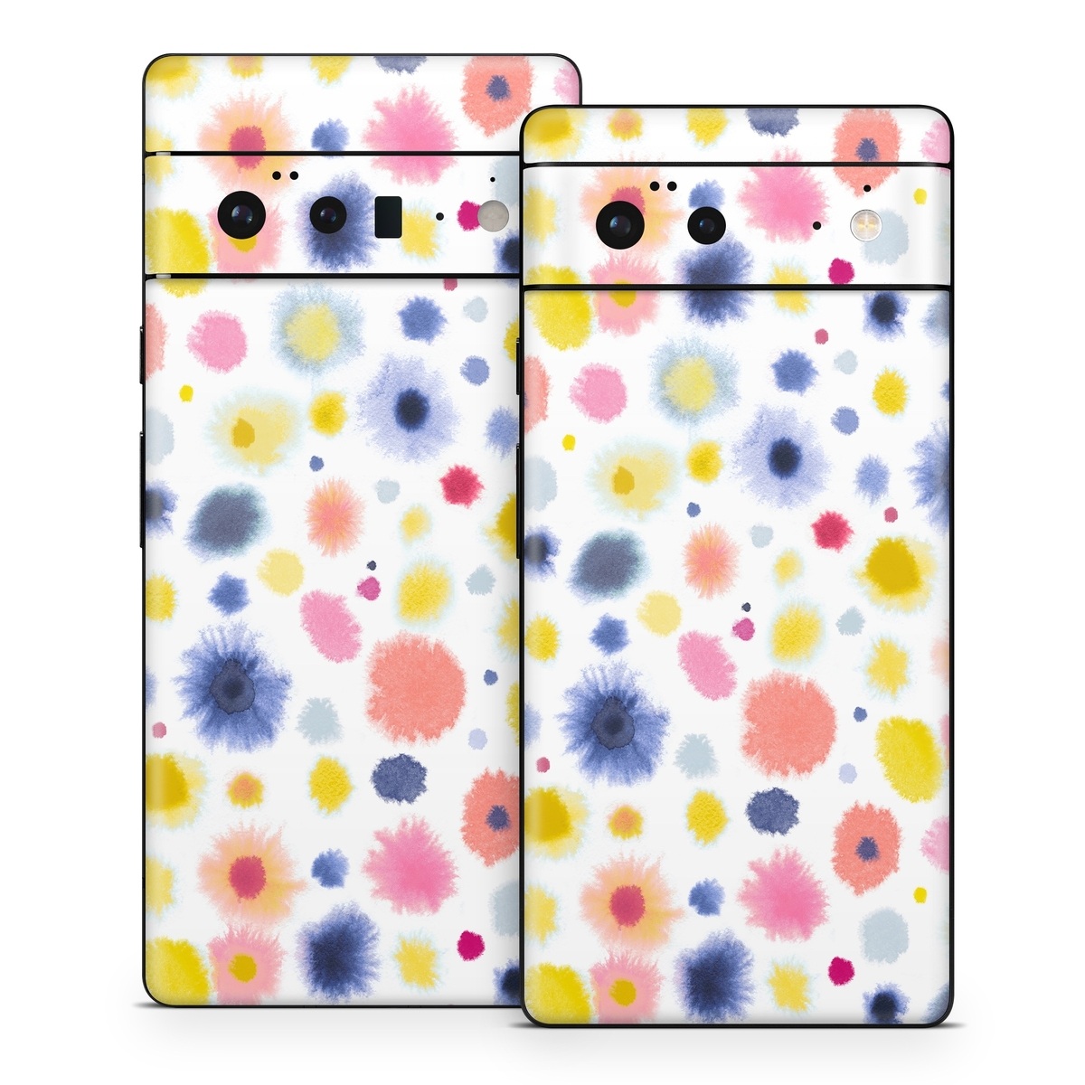 Google Pixel 6 Series Skin design of Material property, Circle, Pattern, Design, Magenta, Electric blue, Font, Flowering plant, Painting, with white, pink, orange, blue, yellow, gray colors